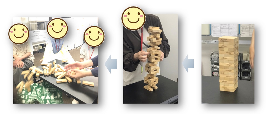 ジェンガのタワーを作り、ブロックを1本抜き取り、最上段に重ねる。これを交互に行っていく。
